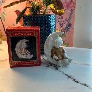 Vintage Lincolnshire Porcelain Moon with Angel Christmas Ornament w/ gold trim